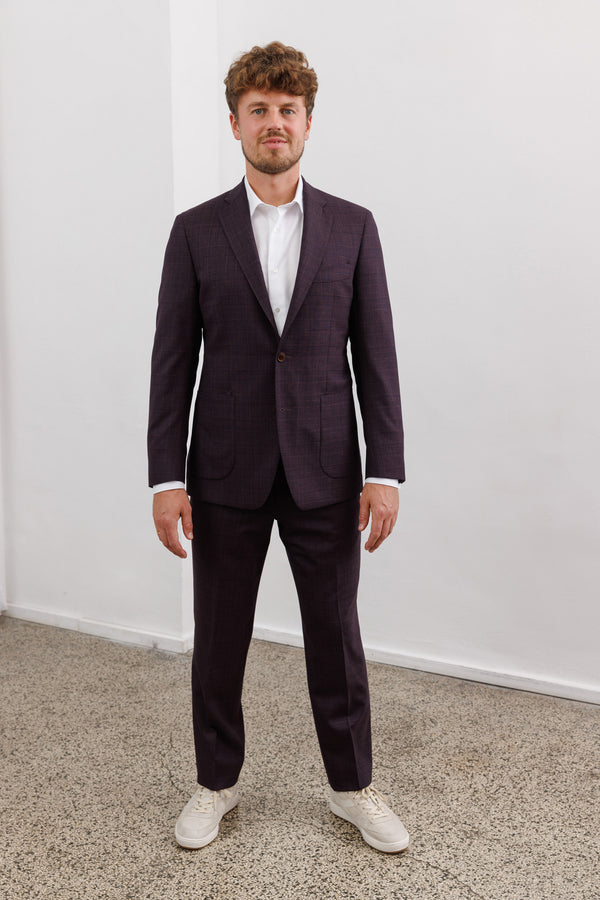 Herrenbude Stretch Wool Suit Slim 2.0 Aubergine-Black Glencheck