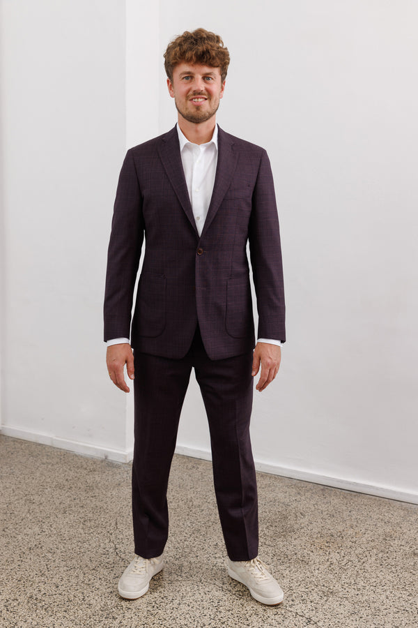 Herrenbude Stretch Wool Suit Slim 2.0 Aubergine-Black Glencheck