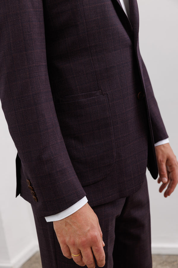 Herrenbude Stretch Wool Suit Slim 2.0 Aubergine-Black Glencheck