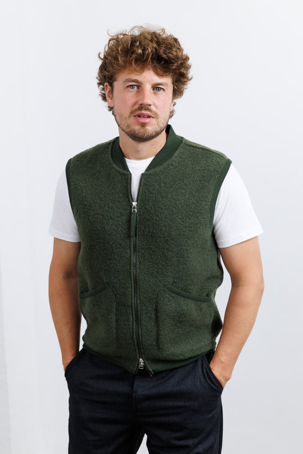 Universal Works Olive Fleece Zip Waistcoat